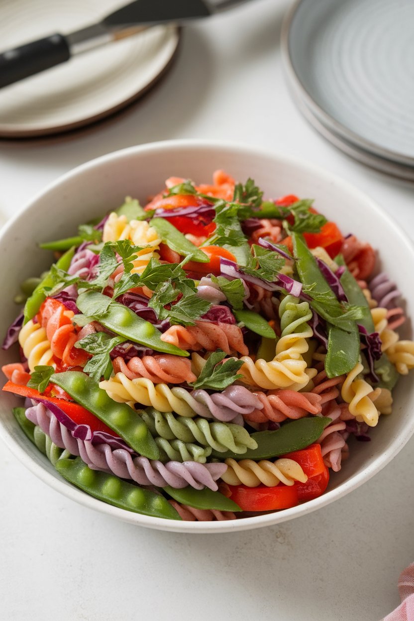 An indoor shot of tri-color pasta mixed with finely chopped raw bell peppers, purple cabbage, and snap peas; no text or logos.