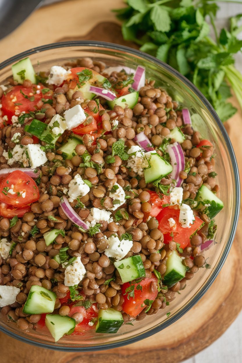 Photo of an indoor salad bowl filled with cooked lentils, diced cucumbers, tomatoes, red onion, and feta crumbles; no text or logos