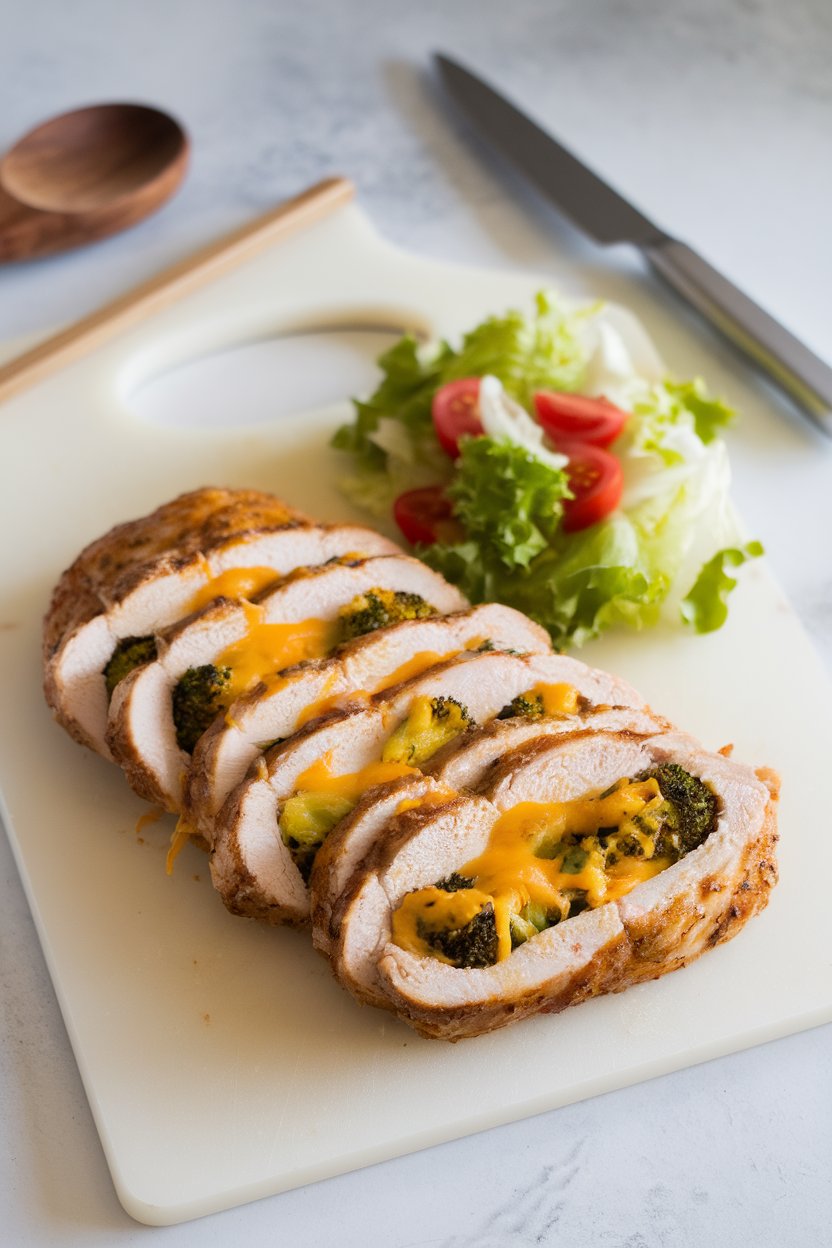 Indoor cutting board with sliced chicken breast revealing broccoli and melted cheddar filling, simple side salad nearby. No text or logos, photo not illustration.