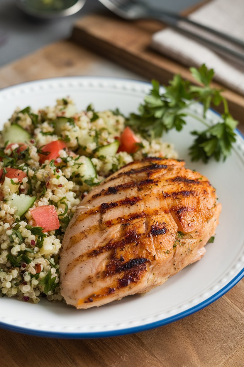 A dinner plate indoors featuring citrus-marinated chicken breast beside quinoa tabbouleh with parsley, cucumber, and tomatoes; no text or logos; photo.