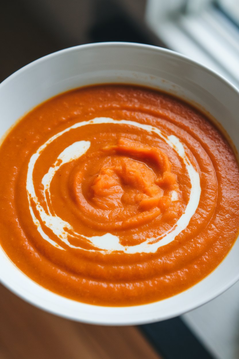 An indoor soup bowl of velvety orange carrot-sweet potato soup with a swirl of coconut milk on top; no text or logos.