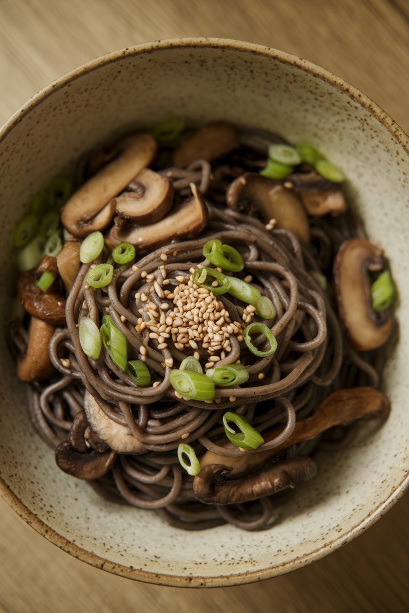 Indoor image of a shallow bowl featuring dark buckwheat soba noodles tangled with sautéed mushrooms and scallions, sesame seeds sprinkled on top. No text or logos.