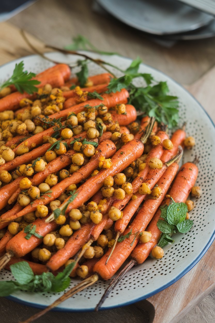 Indoor photo of roasted carrots and chickpeas coated in turmeric and cumin on a serving platter, no text or logos
