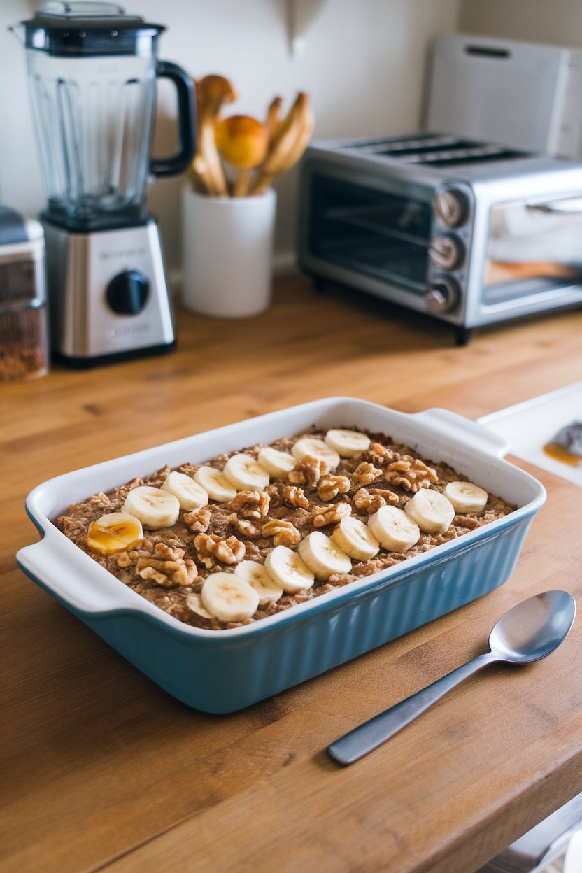 An indoor kitchen scene of baked banana bread oatmeal in a casserole dish, spoon ready; no logos. Photo only.