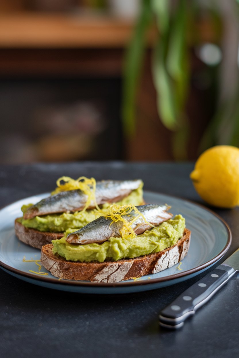 Photo of mashed avocado spread on rye bread slices topped with canned sardine fillets and lemon zest indoors; no text or logos on dish.