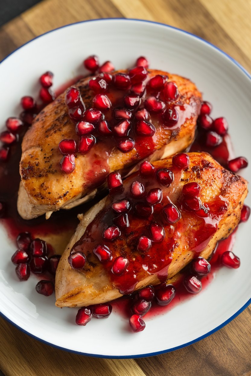 An indoor plate of seared chicken breasts drizzled with a glossy pomegranate glaze, scattered with fresh arils; no text or logos.