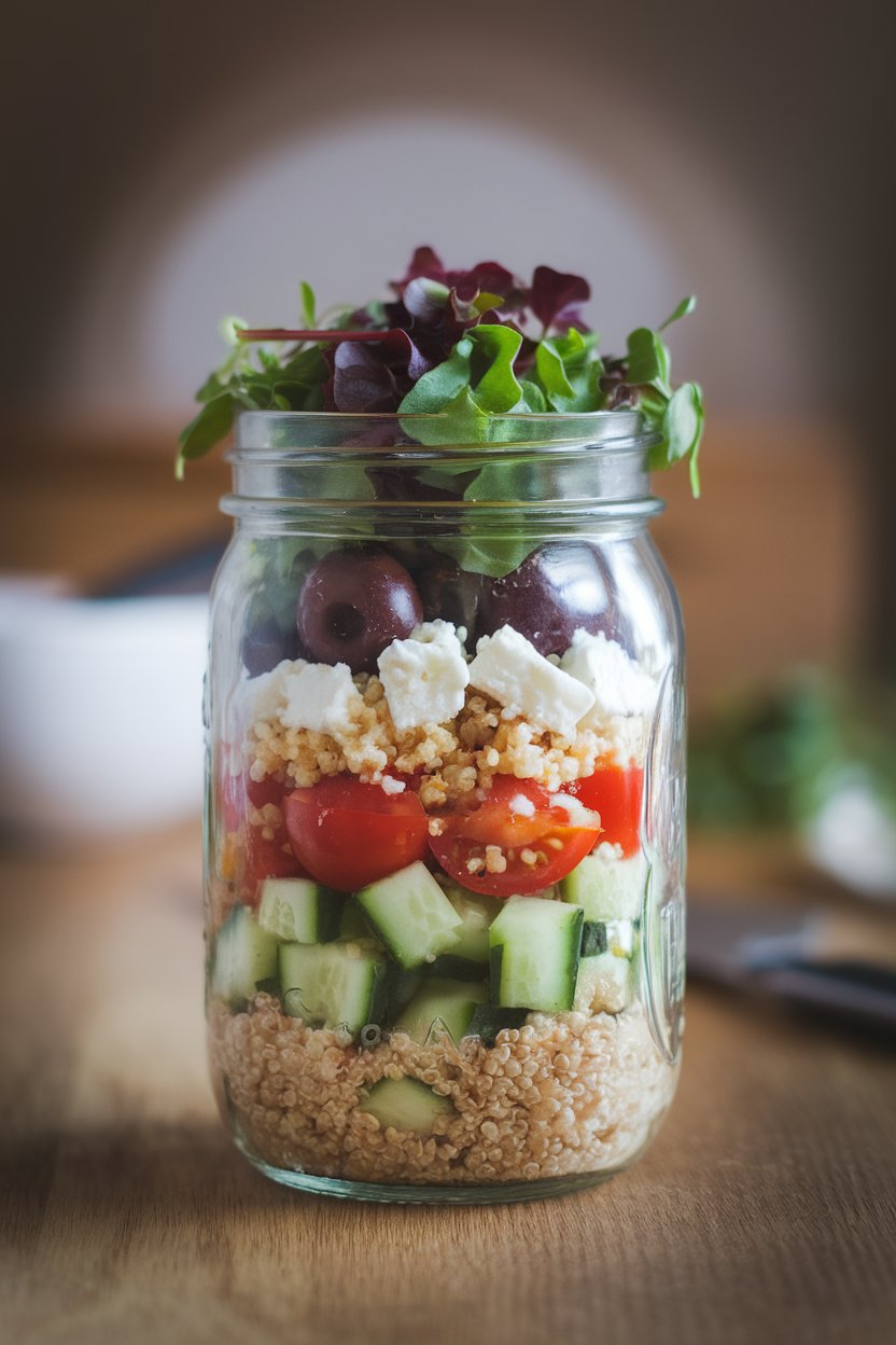 An indoor tabletop photo of a clear mason jar layered with diced cucumbers, cherry tomatoes, cooked quinoa, feta crumbles, olives, and leafy greens on top. Soft window light, no text or logos anywhere.