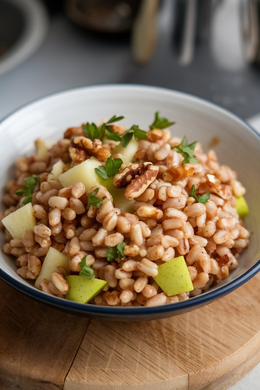 Indoor bowl filled with chewy farro grains, diced apples, toasted walnuts, and parsley, lightly dressed. No text or logos.