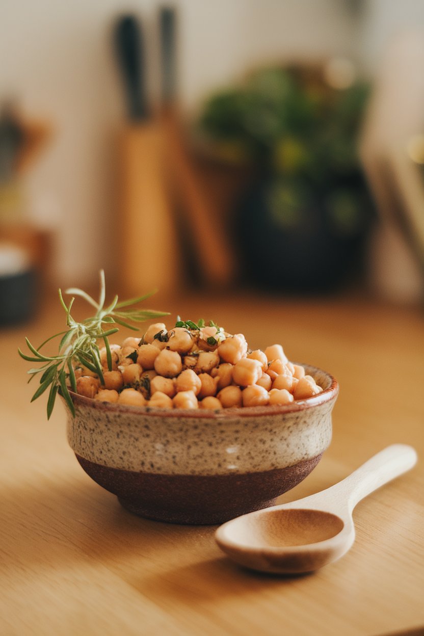 Indoor countertop with a ceramic bowl of cooked chickpeas tossed lightly in herbs, spoon resting to the side. No branding, no text. Photo only.