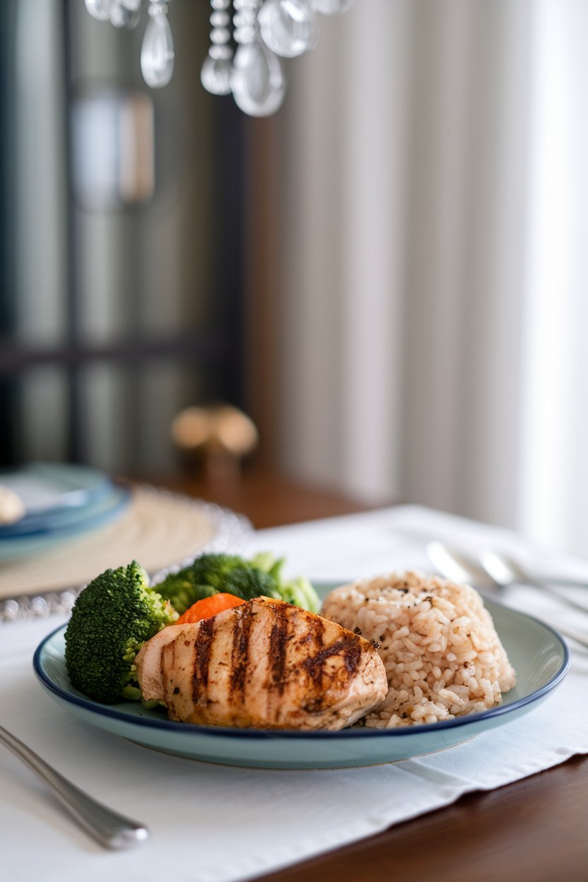 Indoor dining table set with a smaller than standard dinner plate filled neatly with balanced portions of protein, veggies, and grain. No text or logos, photo not illustration.