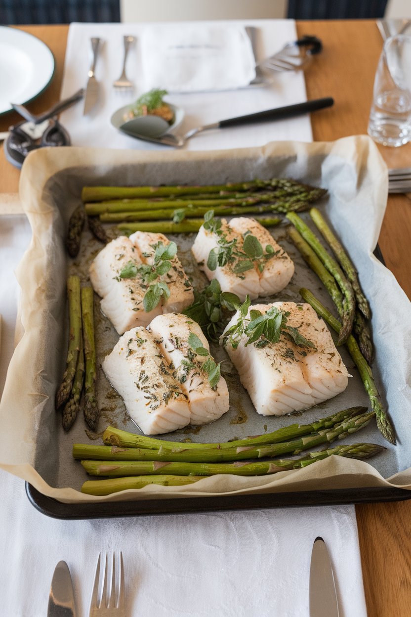 Indoor dining table displaying a parchment-lined baking sheet of cooked cod fillets sprinkled with fresh herbs and surrounded by roasted asparagus—no raw fish, no text or logos.