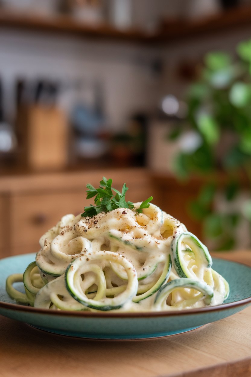 An indoor plate of creamy Alfredo-coated zucchini spirals topped with cracked pepper and parsley. Photo only, no text or logos.