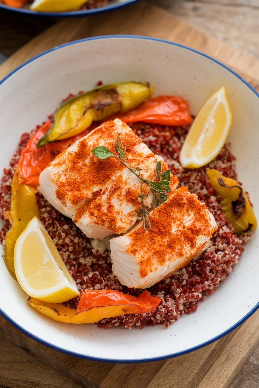 Indoor image of baked paprika-rubbed cod flakes on red quinoa with roasted bell peppers and lemon wedges. No text or logos.