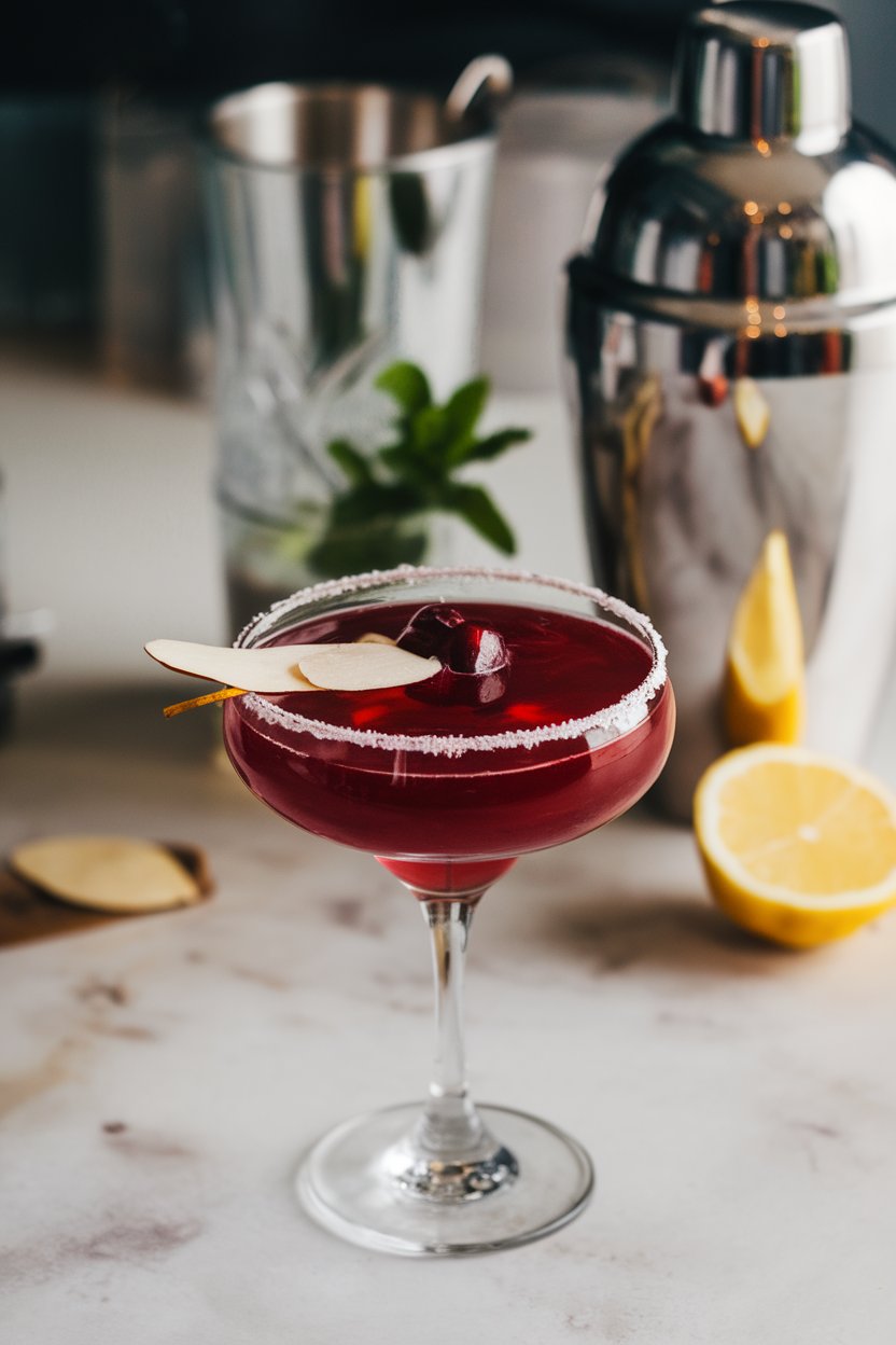Indoor cocktail scene, coupe of deep red cherry margarita, thin almond slice floating; no text or logos.