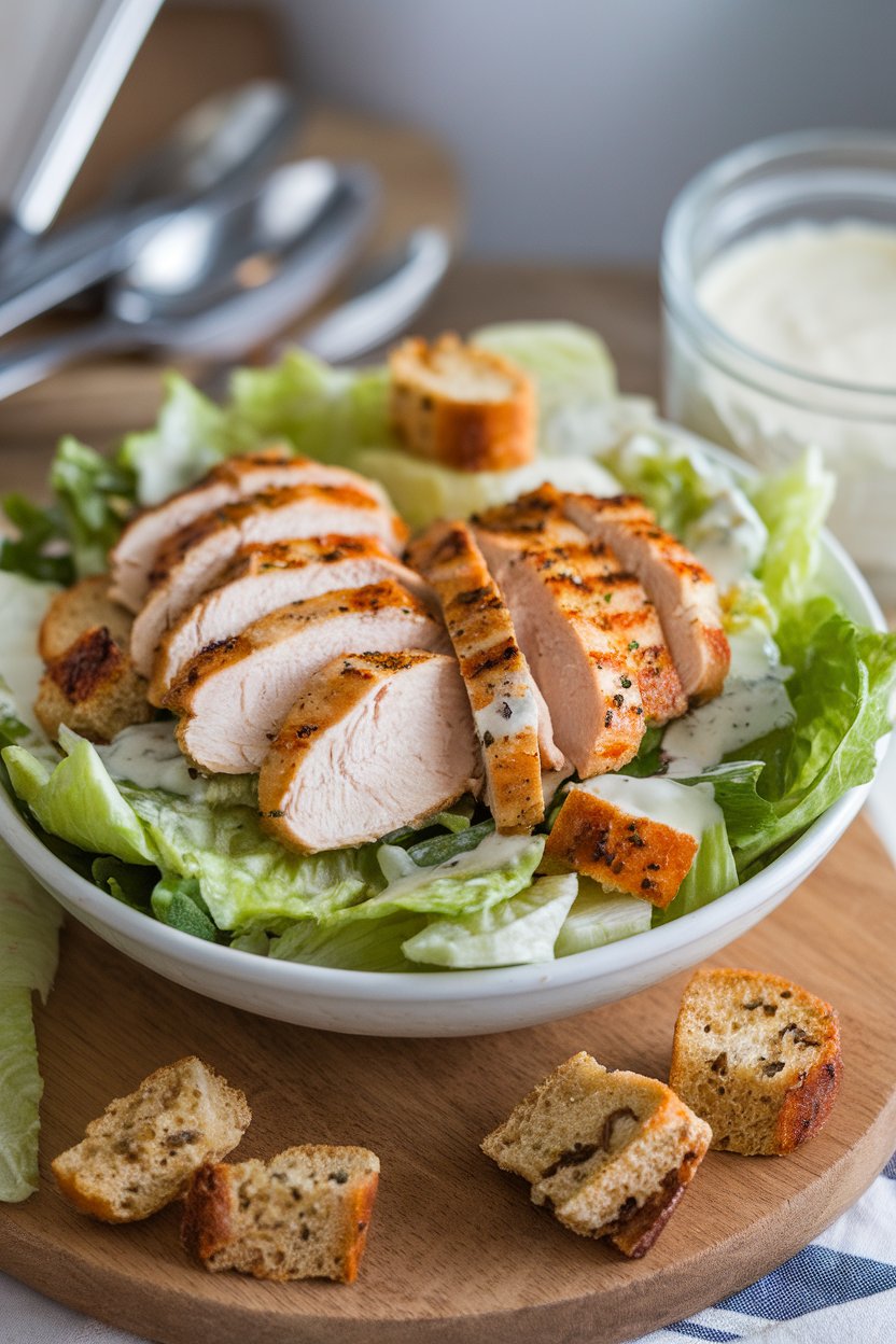 Photo of a Caesar salad topped with sliced grilled chicken, whole-grain croutons, and a creamy yogurt dressing indoors; no text or logos present.