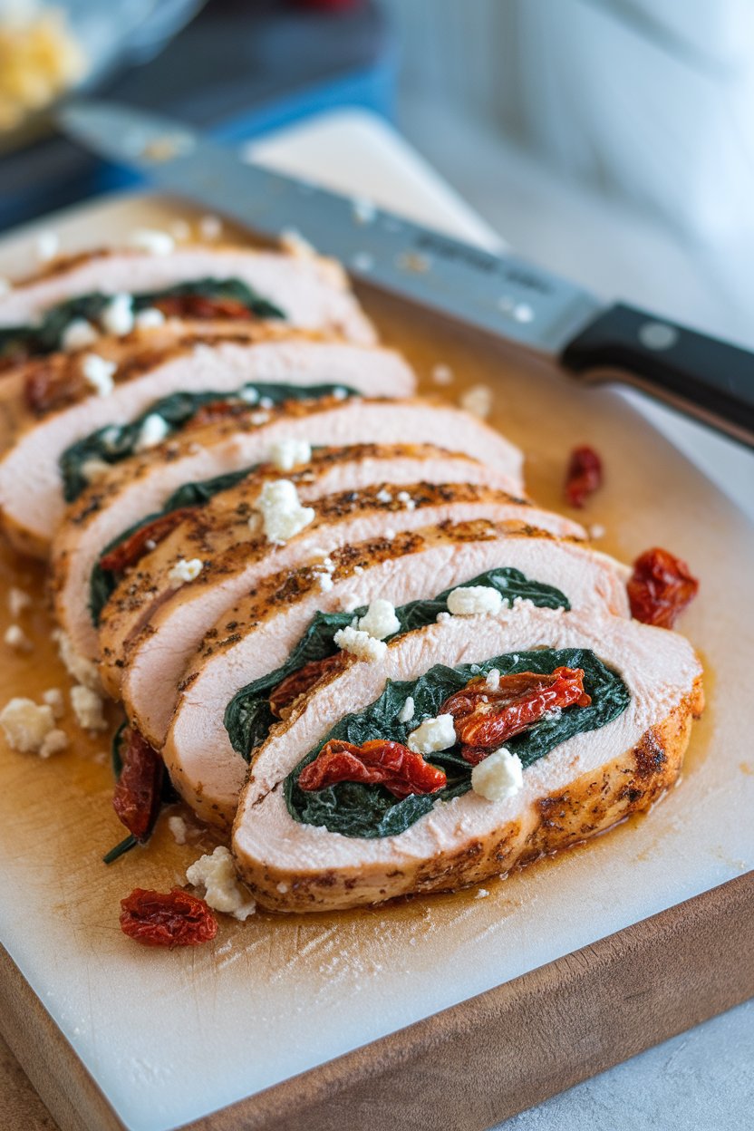 An indoor cutting board with sliced chicken breast showing a filling of spinach, sun-dried tomatoes, and feta. No branding in view.