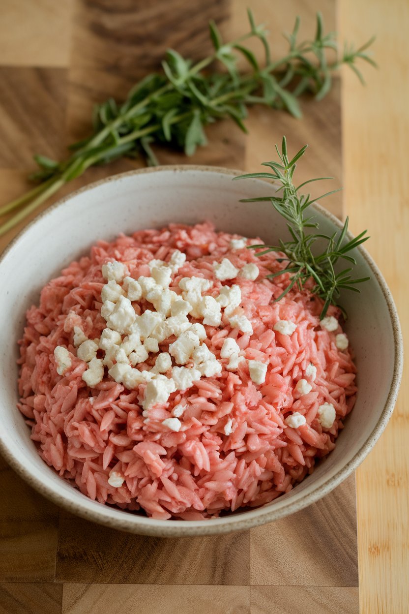 A shallow indoor bowl of pink-tinted orzo topped with tiny goat cheese crumbles; no text or logos.