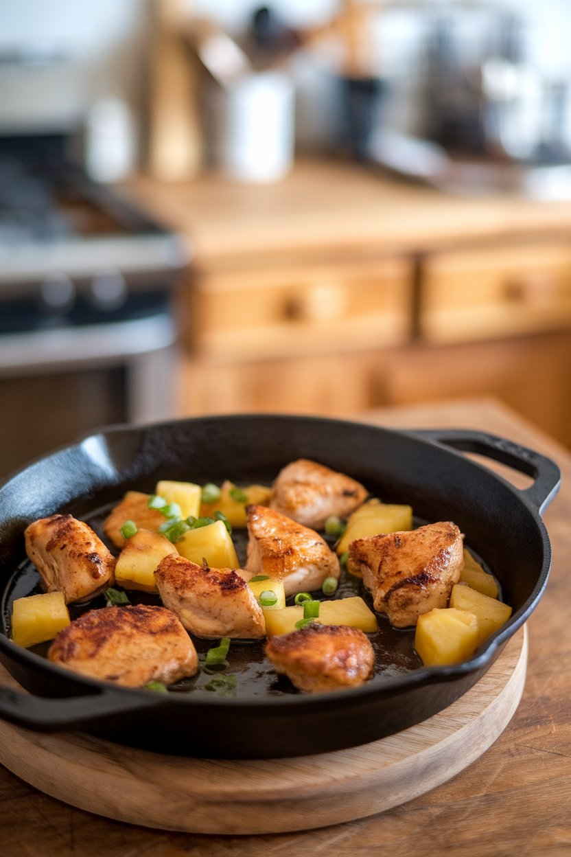 An indoor cast-iron skillet holding seared chicken chunks with caramelized pineapple pieces, garnished with green onion; photo, no text or logos.