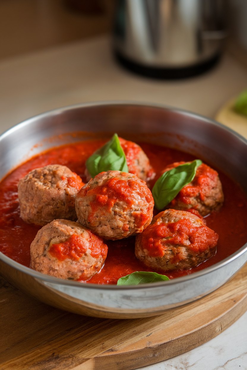 Photo of a shallow indoor bowl with turkey meatballs simmered in red marinara sauce, garnished with basil. No text or logos.