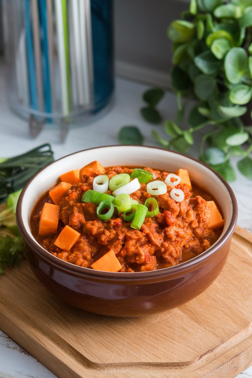 Photo of an indoor countertop with a ceramic bowl of turkey chili over baked sweet potato cubes, topped with sliced green onions. No text or logos in scene.