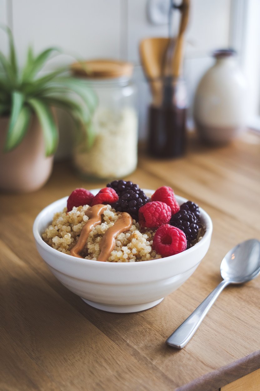 Photo of an indoor kitchen table holding a white bowl filled with cooked quinoa, fresh mixed berries, and a drizzle of almond butter, shot from a slight overhead angle. Soft morning light, no text or logos visible.