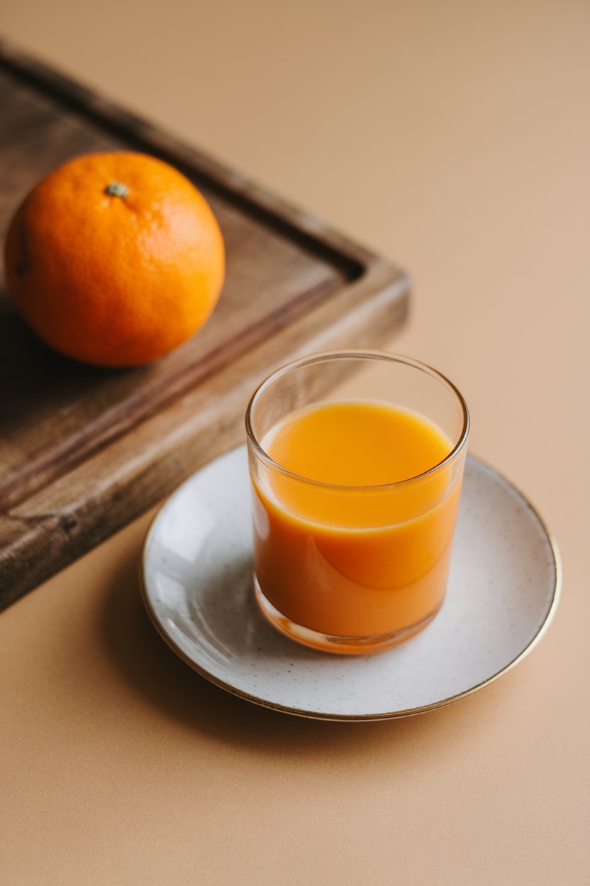 Photo — A side-by-side indoor setup with a whole orange and a small glass of orange juice, emphasizing the whole fruit. No logos or text.