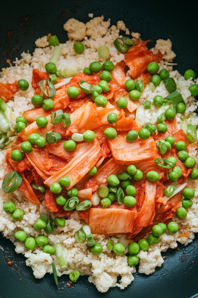 Indoor wok showing cauliflower rice stir-fried with kimchi, peas, and scallions, vibrant colors popping. No logos or text; photo.</p