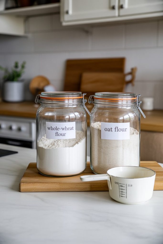 Indoor baking counter with two jars labeled whole-wheat flour and oat flour (labels obscured to avoid readable text), measuring cup beside—photo.