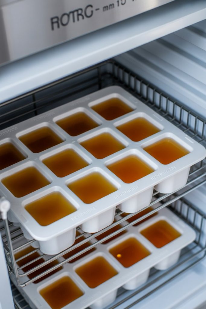 Indoor freezer shelf with silicone ice cube trays filled with frozen broth cubes—photo.