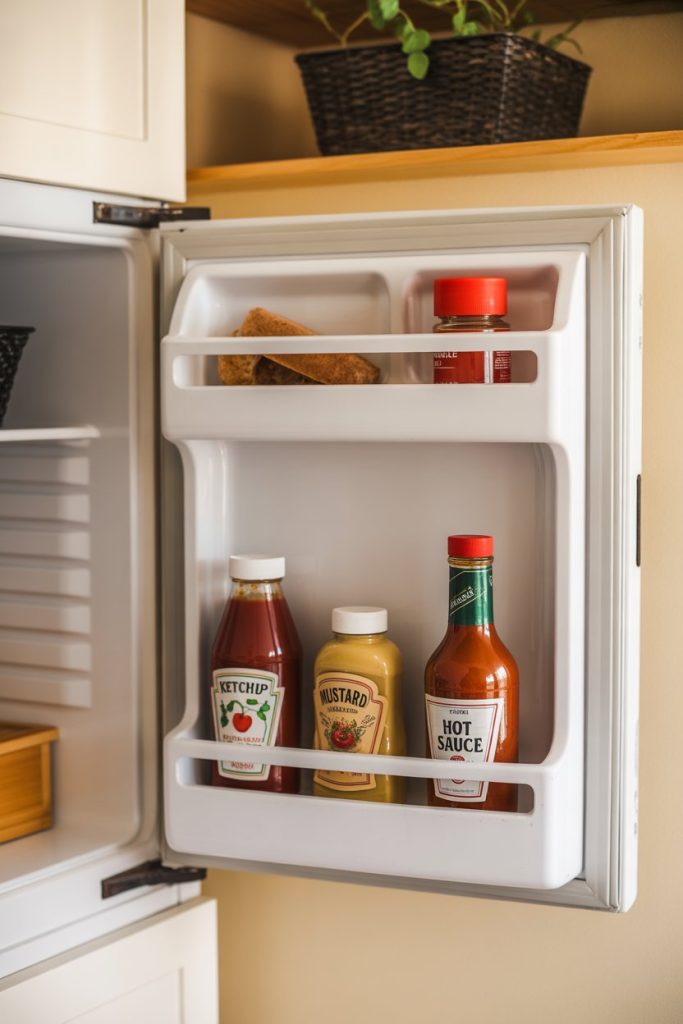 Indoor fridge door stocked with ketchup, mustard, and hot sauce, labels faced away—photo.