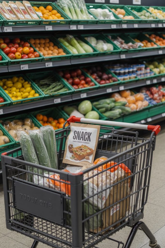 Indoor grocery cart with mostly produce, subtle focus on a small pre-shopping snack wrapper—no text—photo.