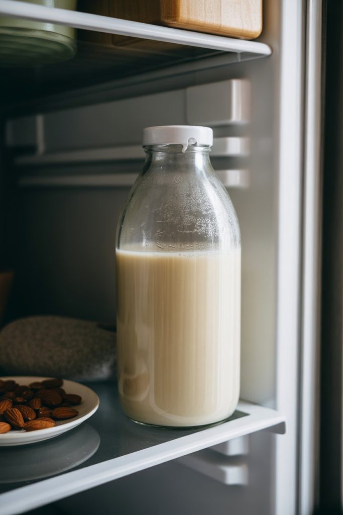Indoor refrigerator door shelf with a clear glass bottle of homemade unsweetened almond milk, condensation visible; no text or logos. Photo.