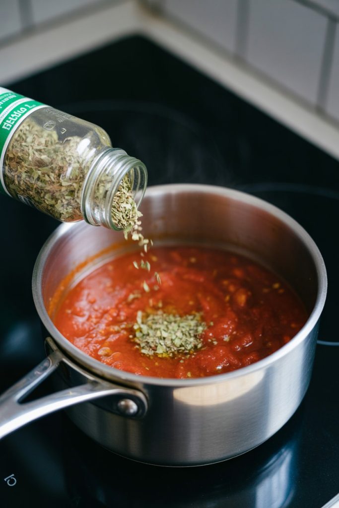 Indoor spice jar shaking dried oregano onto a tomato sauce simmering in a saucepan; no text or logos. Photo.
