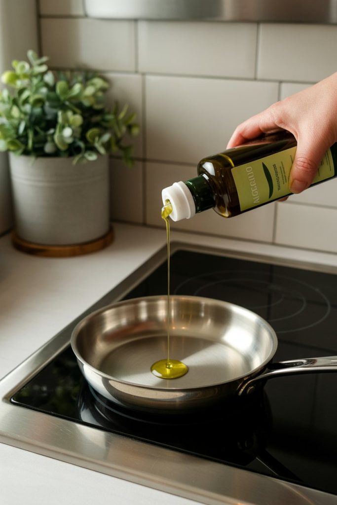 Indoor stovetop with a small stainless pan and a bottle of avocado oil poised to drizzle, soft lighting; no text or logos. Photo.