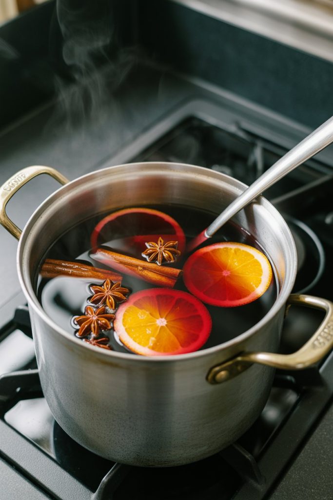 Photo of an indoor stovetop pot filled with steaming red wine, orange slices, cinnamon sticks, and star anise, ladle resting on the rim. No text or logos in scene.