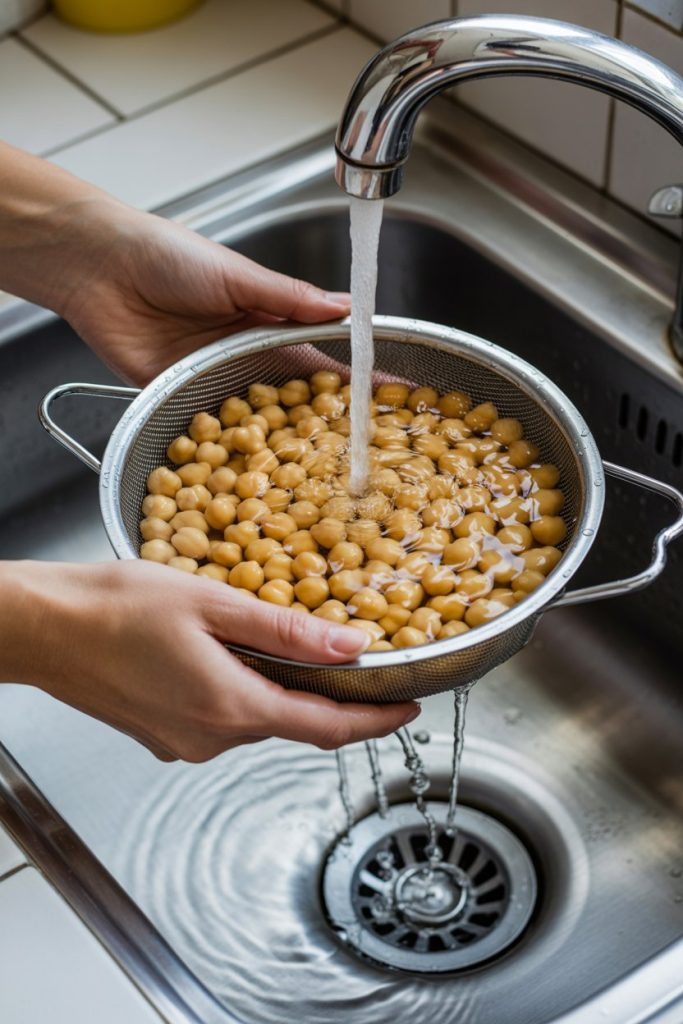 Indoor kitchen sink with a colander of canned chickpeas being rinsed—photo.