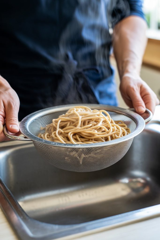 Indoor colander draining al dente whole-wheat spaghetti over a sink, steam visible; no text or logos. Photo.