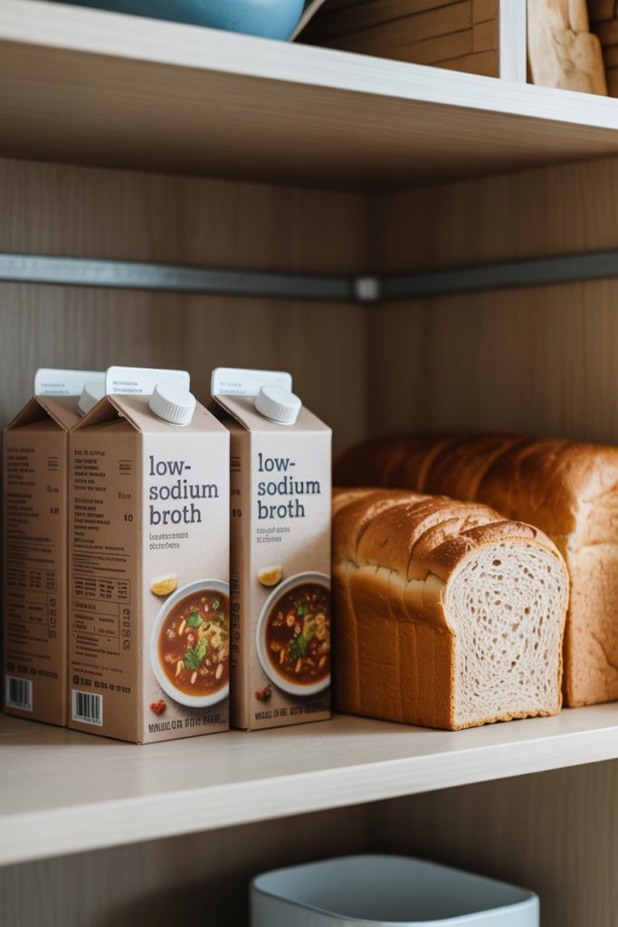 Indoor pantry shelf with low-sodium broth cartons and whole-grain bread, labels turned away—photo.