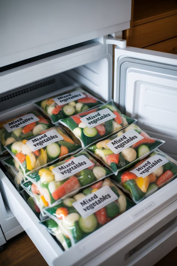 Indoor freezer drawer opened to show bags of mixed frozen veggies—photo, no logos.