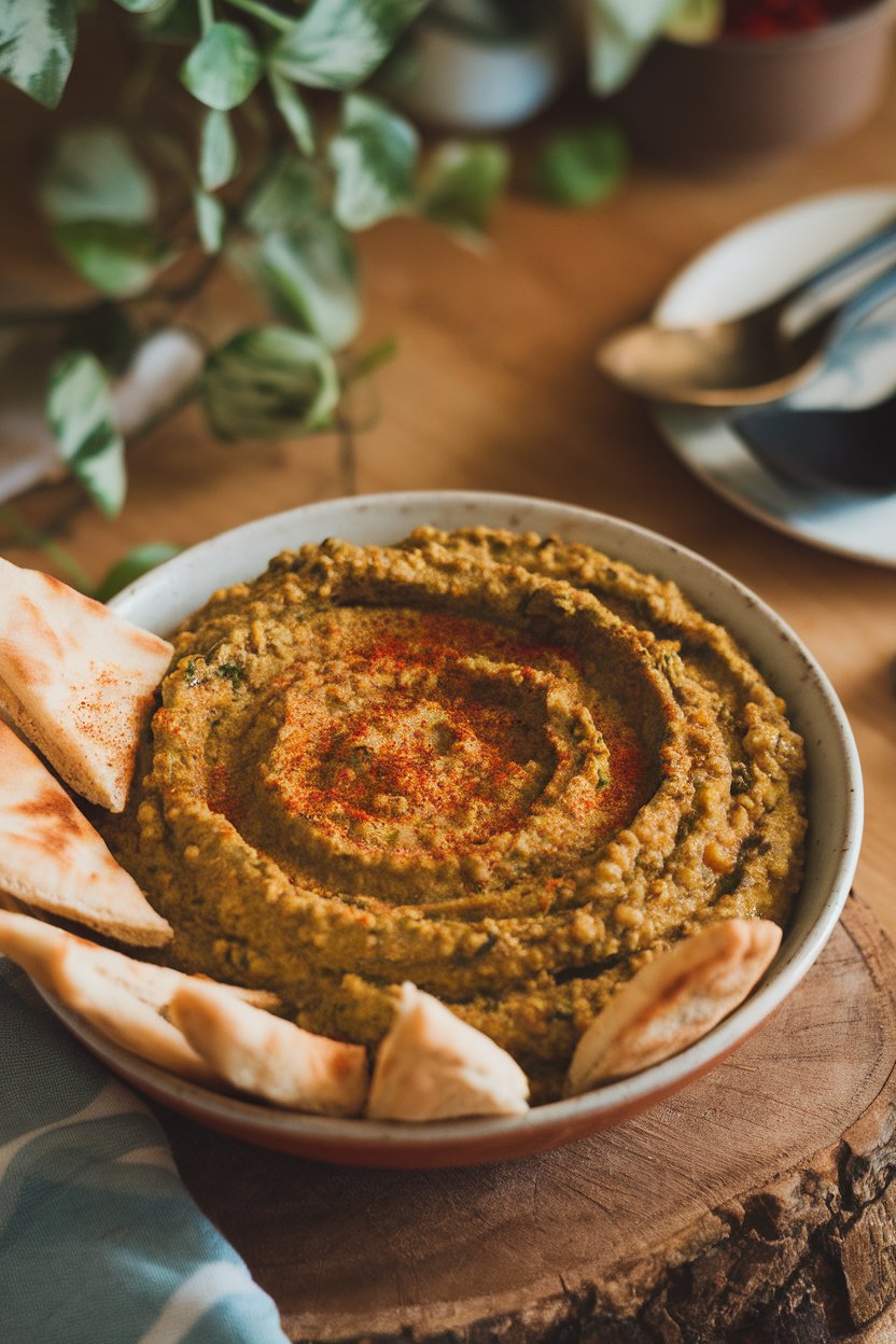 An indoor rustic tabletop showing a bowl of creamy lentil and collard green dip with a sprinkle of smoked paprika, surrounded by pita wedges. No text or logos visible.