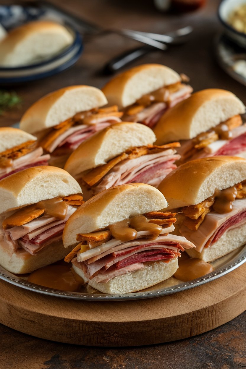 Indoor party platter of mini buns filled with layered turkey, duck, and chicken slices plus gravy drizzle. Photo, no text or logos.
