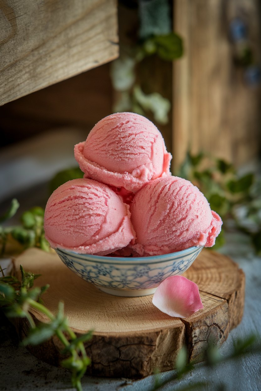 Photo of scoops of pink strawberry rose sorbet in a small indoor bowl, slight frost on surface, rose petal garnish. No text or logos.