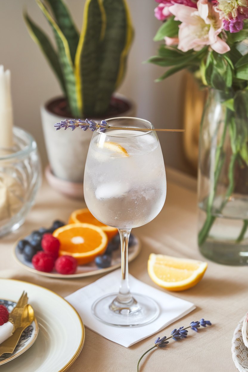 An indoor brunch table with a stemmed glass of pale, slightly cloudy coconut water spritzer, tiny lavender bud garnish floating on top. No text or logos present. Photo.