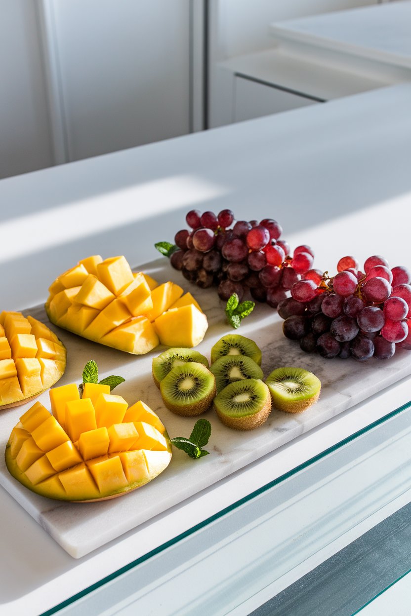 A brightly lit indoor counter displaying sliced mango, pineapple chunks, green kiwi rounds, and clusters of purple grapes on a marble board, small mint leaves scattered for contrast. No text or logos visible.