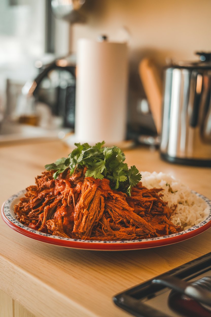 Indoor kitchen counter with a platter of shredded beef coated in rich red sauce, fresh cilantro scattered on top; no text or logos; photo.