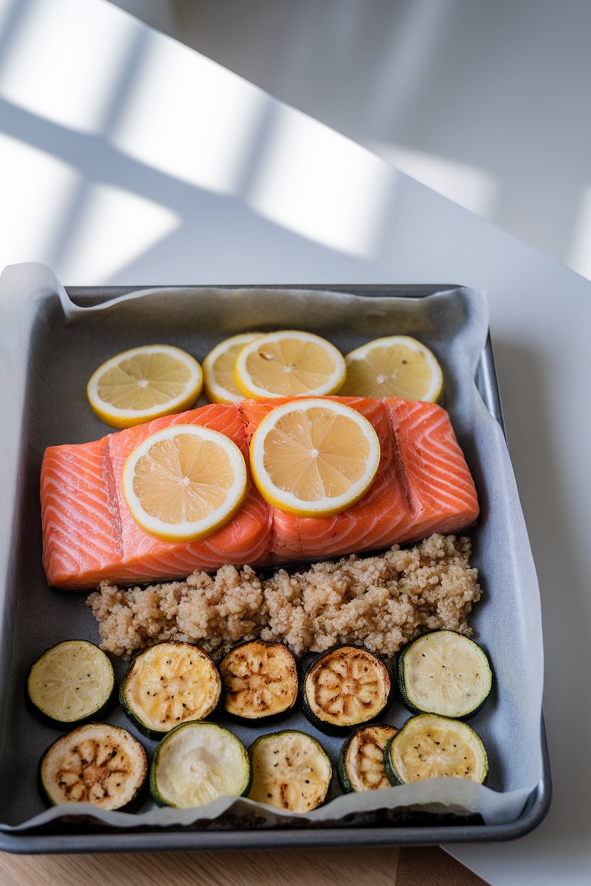 Indoor photo of a white meal tray featuring cooked salmon fillet with lemon slices, fluffy quinoa, and roasted zucchini coins, no text.