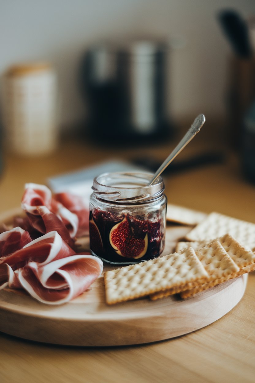 Indoor board with fig jam jar, prosciutto ribbons, and crackers, no text or logos