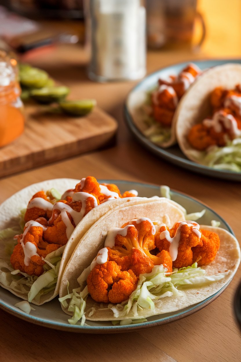 An indoor taco bar scene with warm tortillas holding buffalo-sauced cauliflower florets, shredded cabbage, and drizzle of ranch. No text or logos. Photo, not illustration.