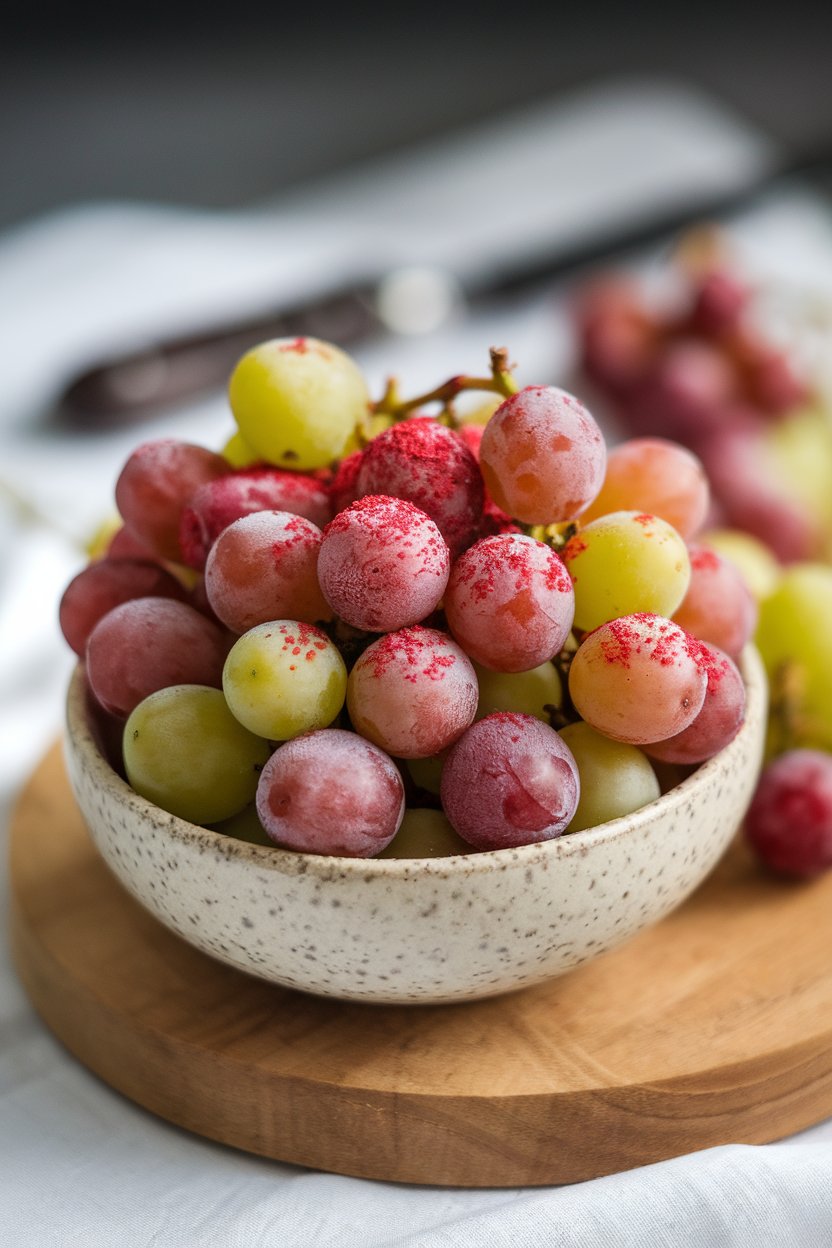 Photo prompt: Indoor bowl filled with frost-kissed red and green grapes lightly dusted with raspberry powder. No text or logos. Photo, not illustration.