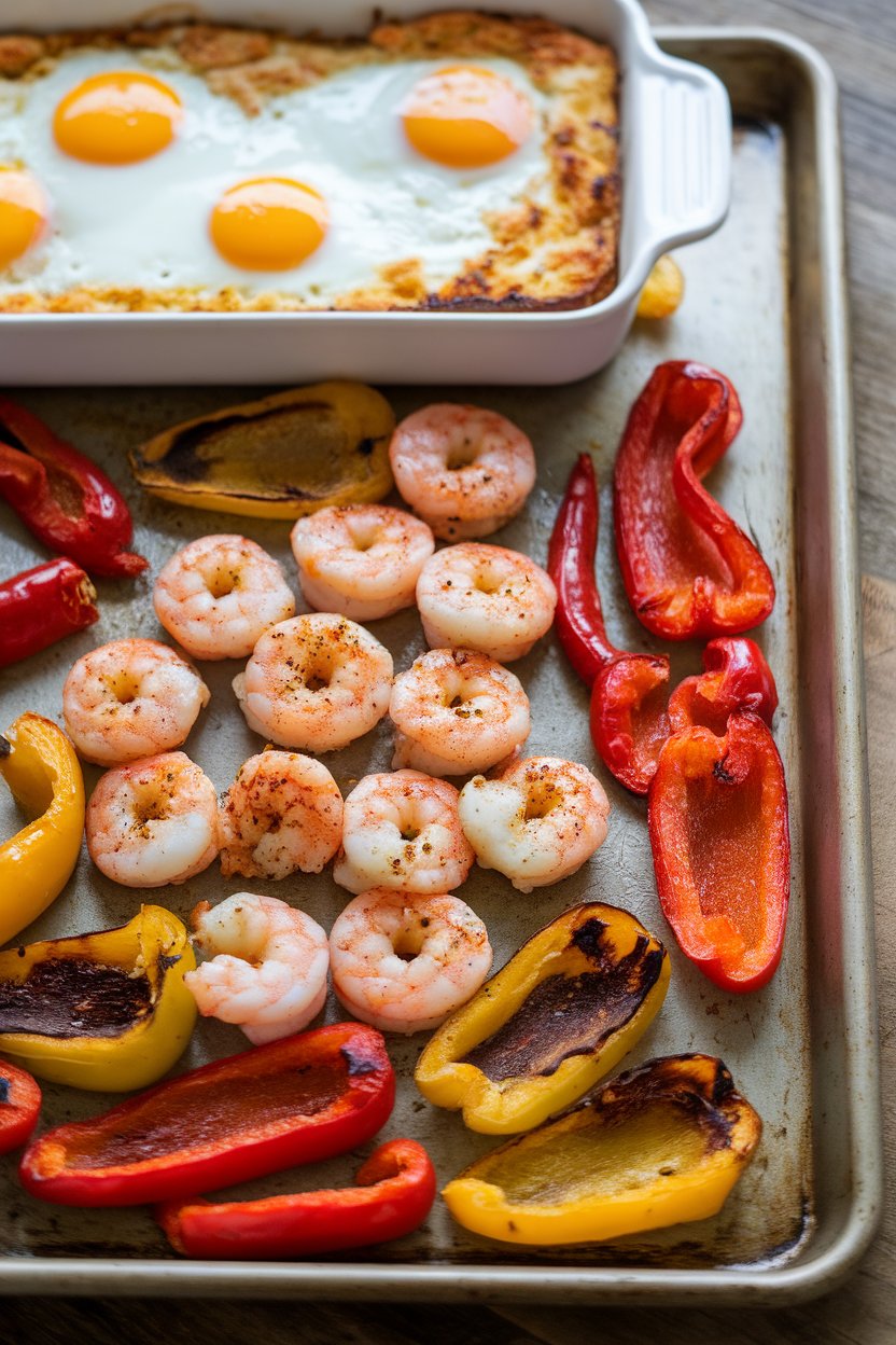 An indoor photo of a sheet pan featuring baked eggs mingling with Cajun-spiced cooked shrimp and roasted bell peppers. No text or logos.